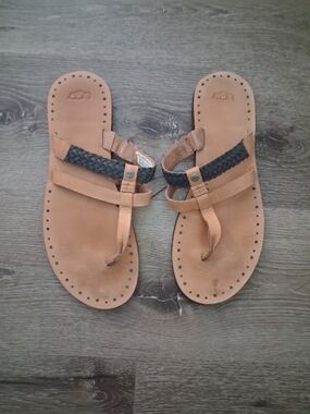 UGG Women's Tan Leather Sandals with Black Braided Strap